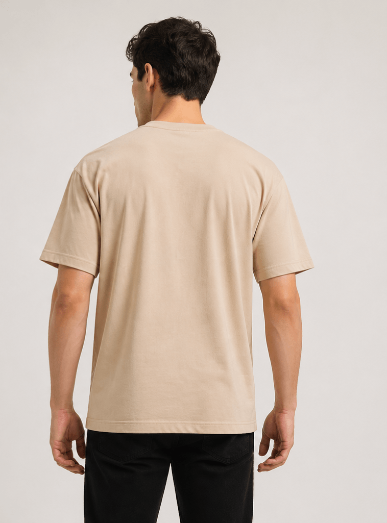 Beige premium oversized t-shirt back view minimal clean design Blake Essence