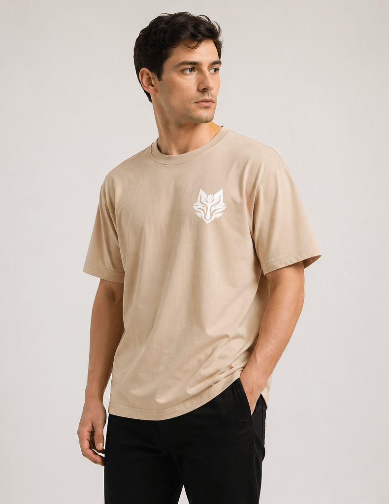 Beige premium oversized t-shirt front view for men by Blake Essence minimal luxury fashion