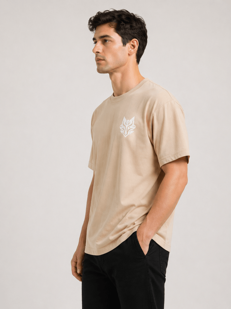 Beige oversized t-shirt left side profile minimal luxury fashion Blake Essence